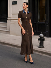 Robe maxi côtelée col denim