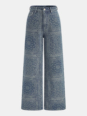 Jean ample à motif bandana bleu, pièce seule, vue de face
