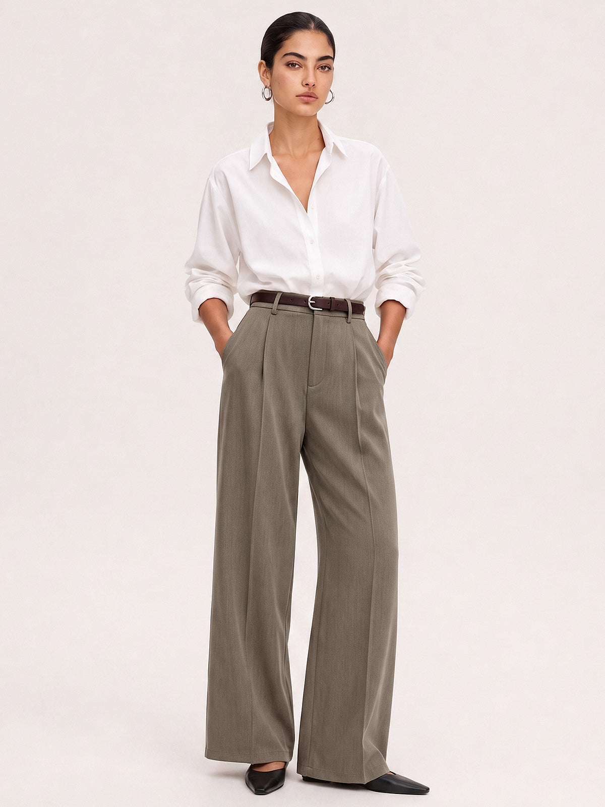 Pantalon jambe large couture ceinture taupe, vue portée de face