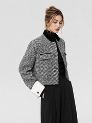Veste tweed crop à poignets blancs
