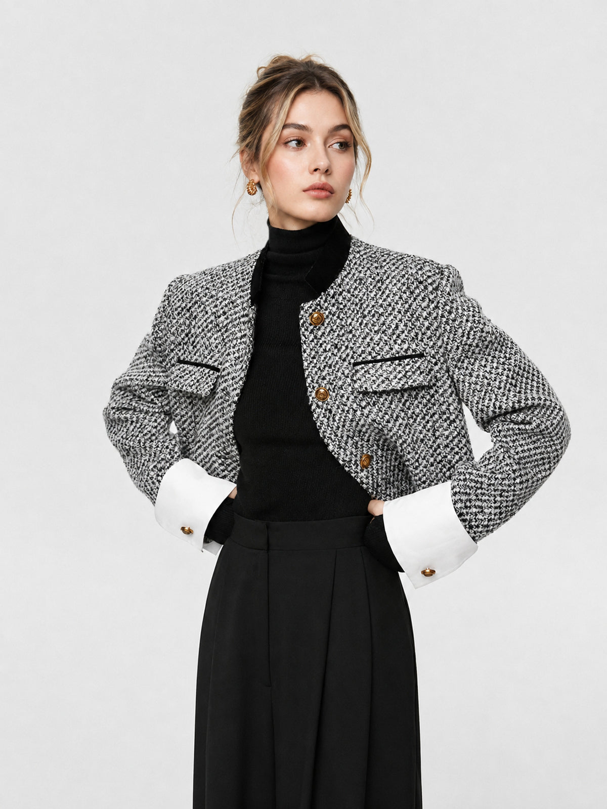 Veste tweed crop à poignets blancs