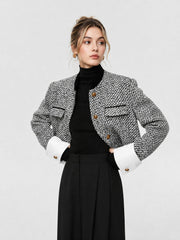 Veste tweed crop à poignets blancs