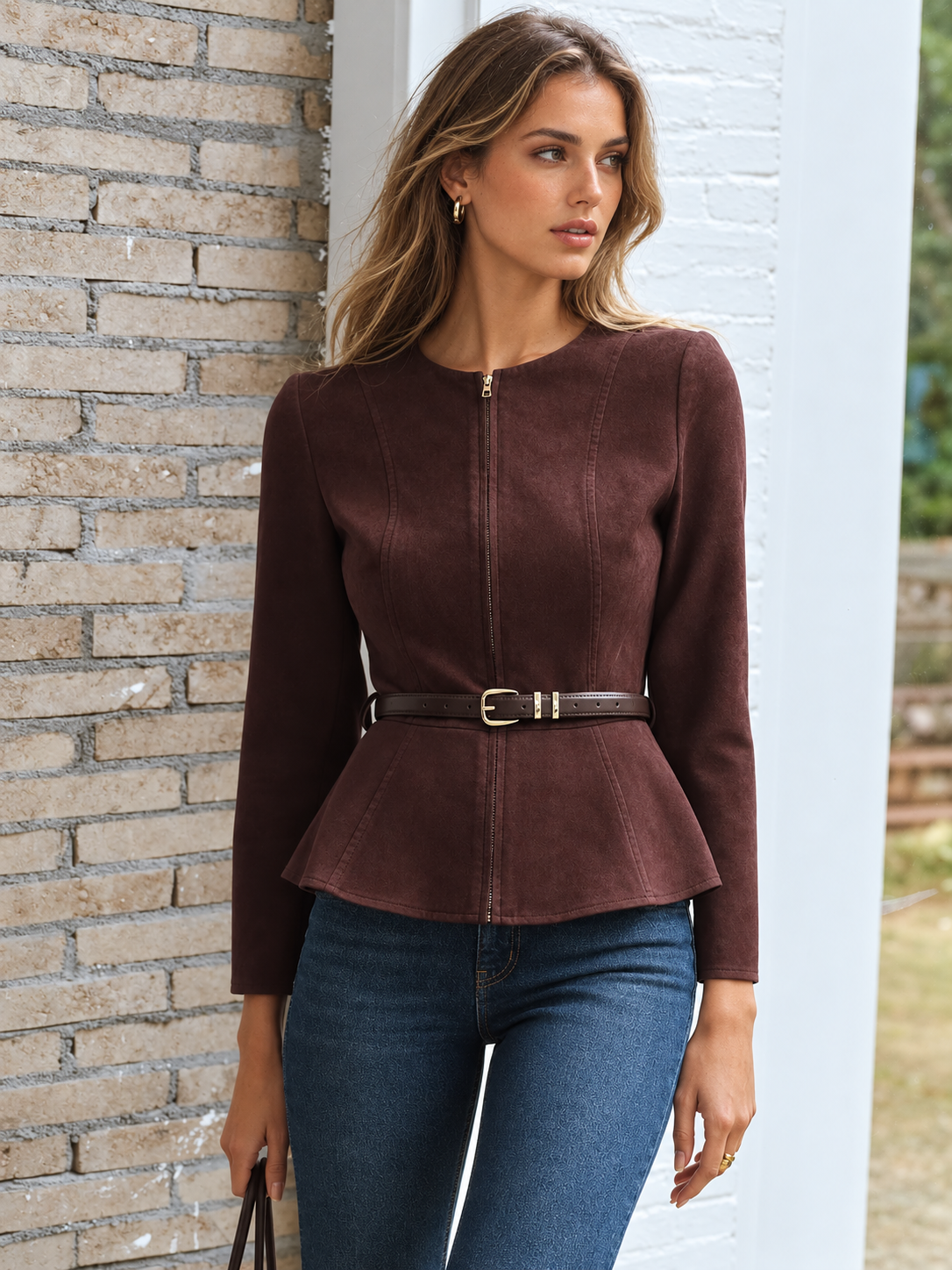 Veste daim zip à ceinture