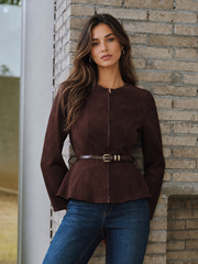 Veste daim zip à ceinture