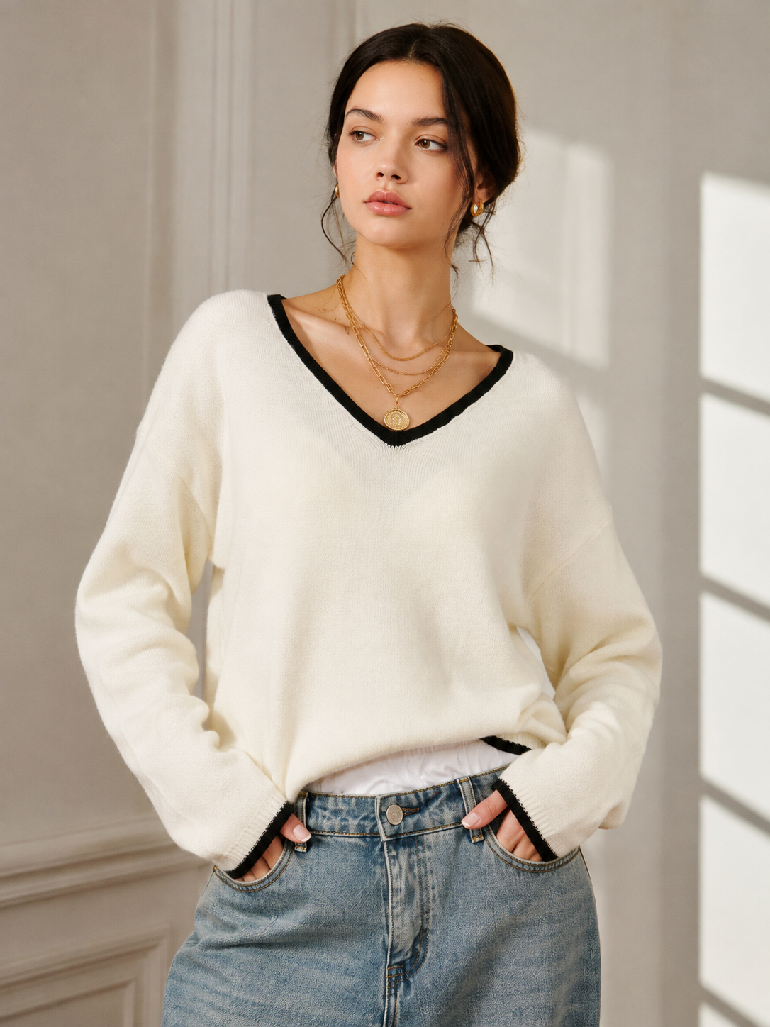 Top tricot brodé épaule drapée