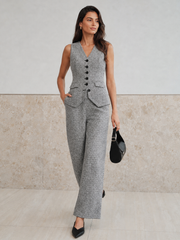 Ensemble tweed sans manches boutonné