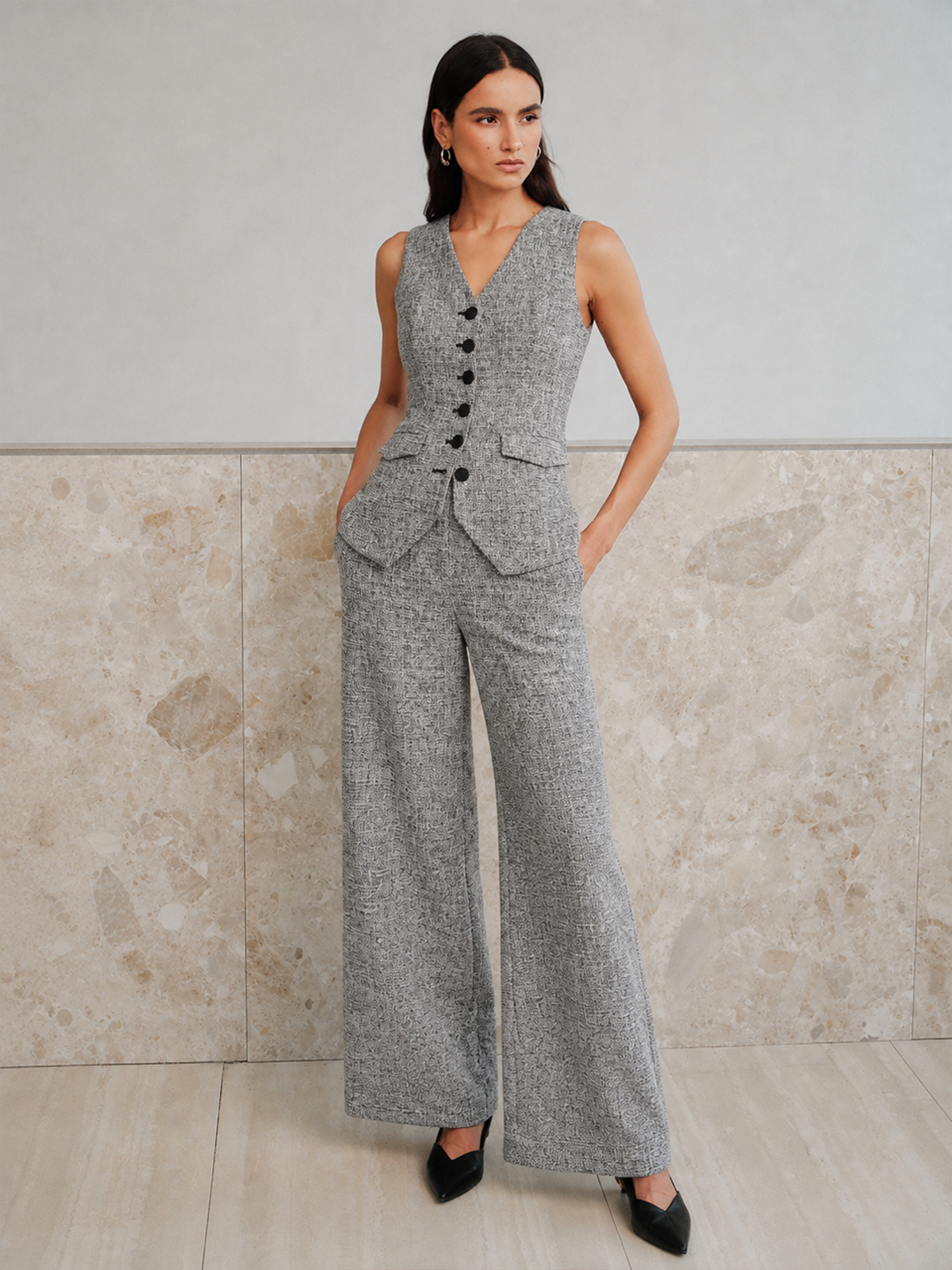 Ensemble tweed sans manches boutonné