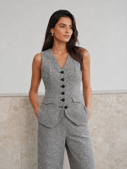 Ensemble tweed sans manches boutonné