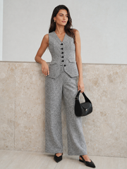 Ensemble tweed sans manches boutonné