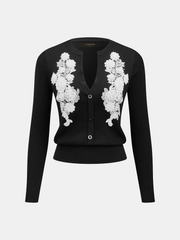 Cardigan maille côtelée applique fleurie