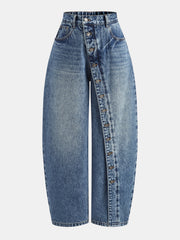 Jean barrel à boutons obliques bleu, pièce seule, vue de face