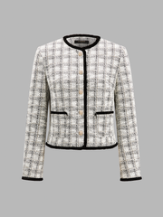 Blazer tweed carreaux à passepoils