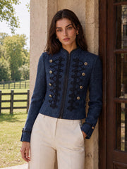Blazer tweed marine à tresses
