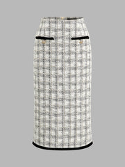 Jupe crayon carreaux tweed liseré contrasté