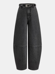 Jean barrel noir à ceinture, pièce seule, vue de face