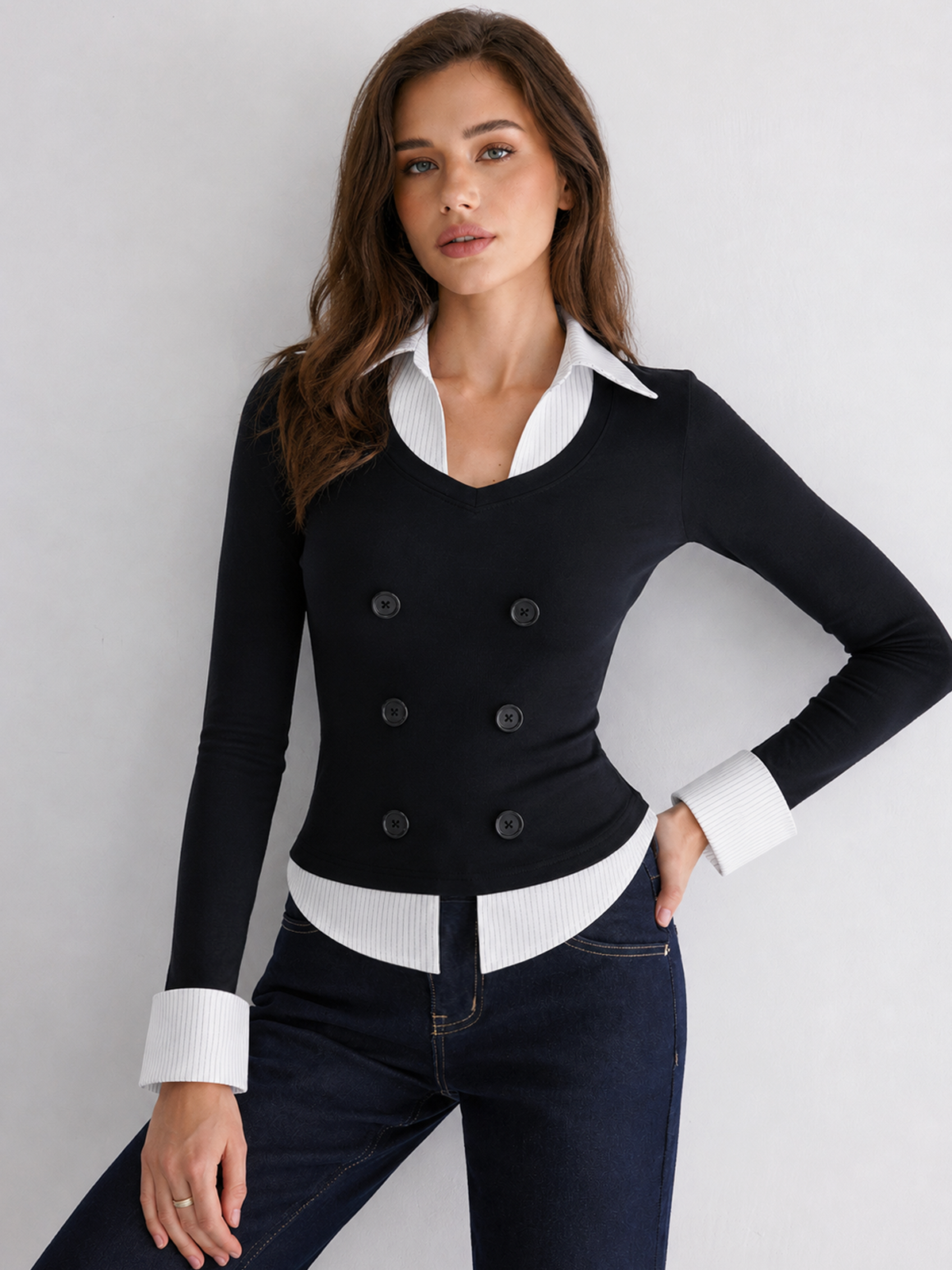 Top effet deux pièces double boutonnage