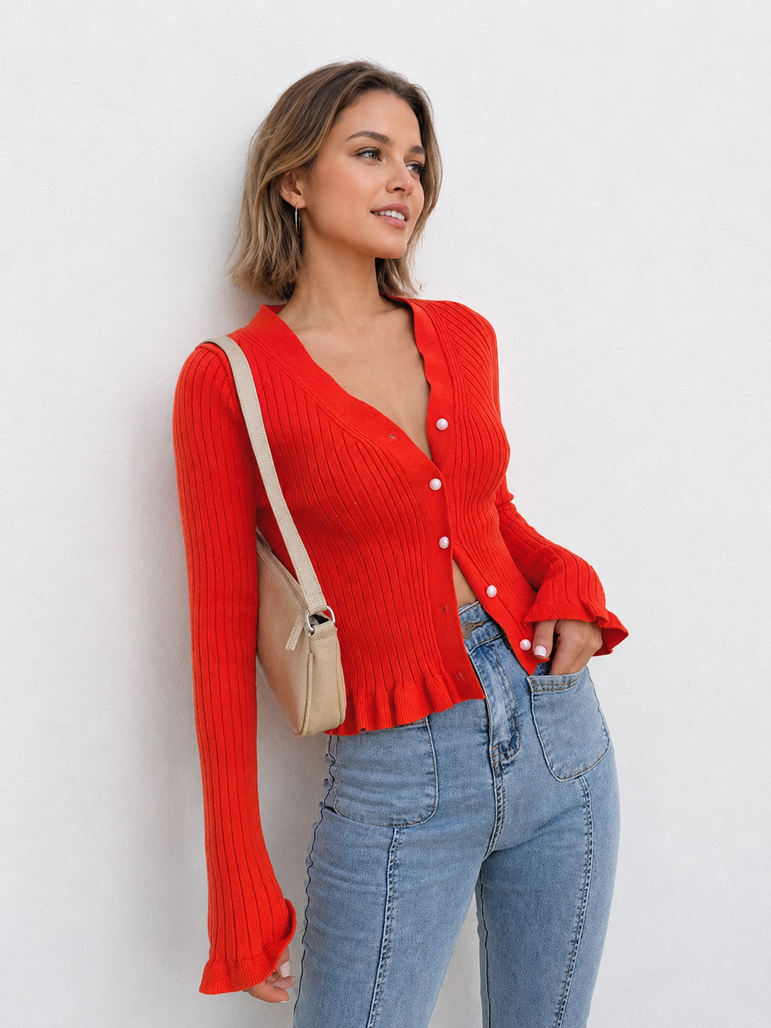 Cardigan volanté boutonné manches longues