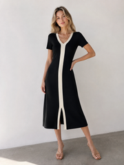 Robe midi bicolore col V fendu
