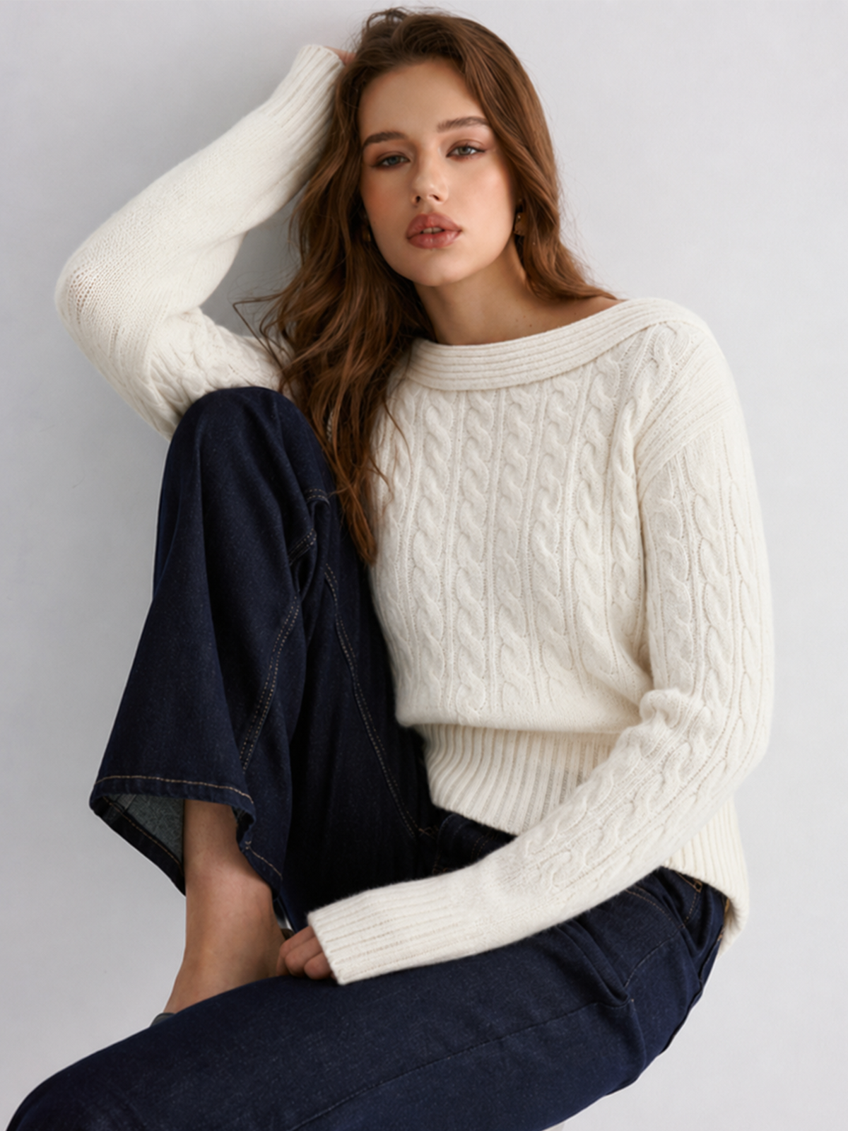 Pull maille torsadée col plié