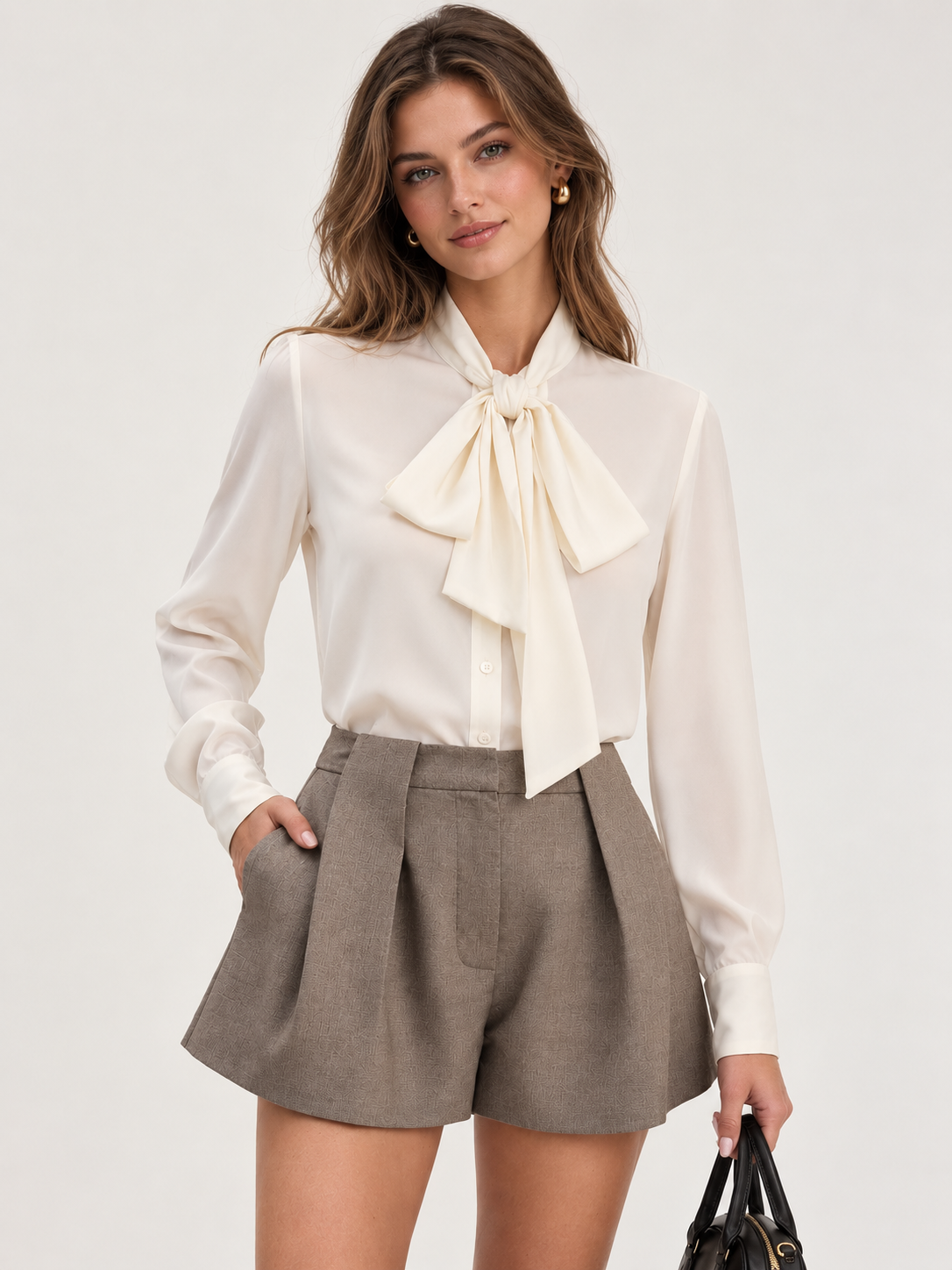 Chemise col nœud satin manches longues