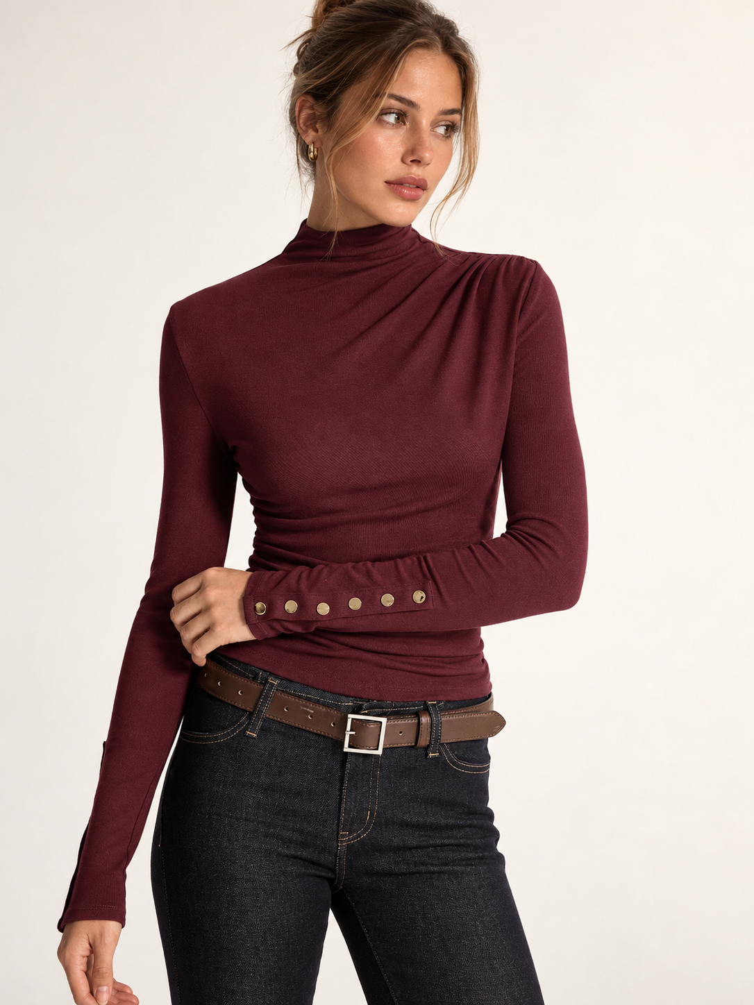Top col montant manches longues boutonné