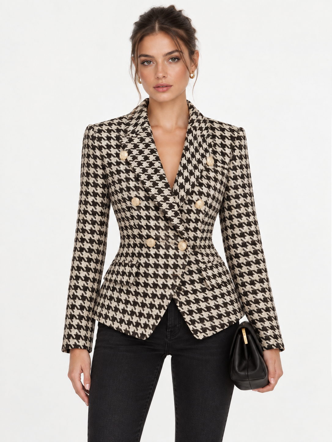 Blazer tweed pied-de-poule doré