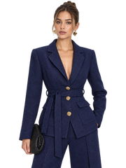 Blazer tweed marine ceinturé