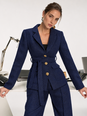 Blazer tweed marine ceinturé