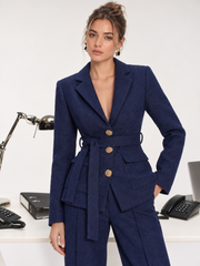 Blazer tweed marine ceinturé