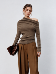 Top caramel col asymétrique manches longues