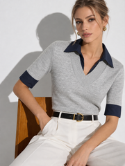 Top tricot col contrasté manches courtes