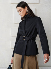 Veste noire col montant ceinturée