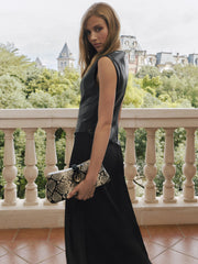 Robe midi bustier simili cuir asymétrique