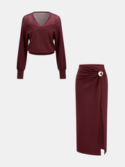 Ensemble top col V jupe midi fendue