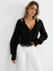 Cardigan bordure dentelle laine