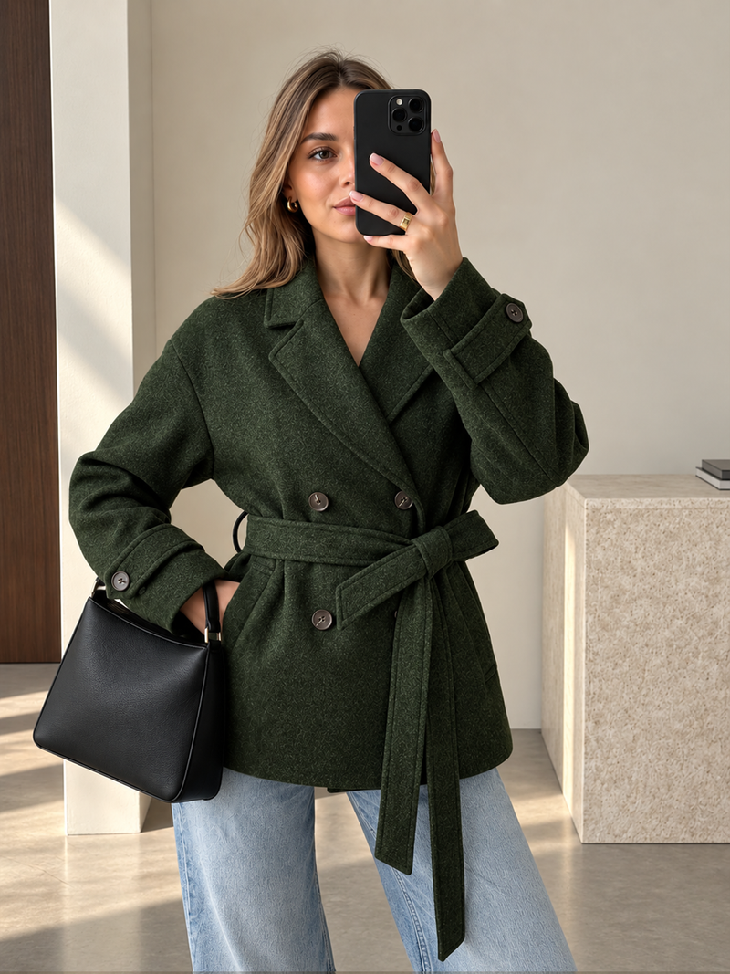 Manteau croisé vert à ceinture