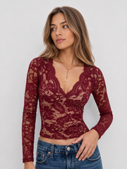 Top dentelle col V manches longues