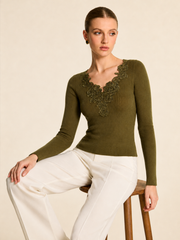Top tricot col V dentelle fleurie