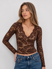 Top dentelle col V manches longues