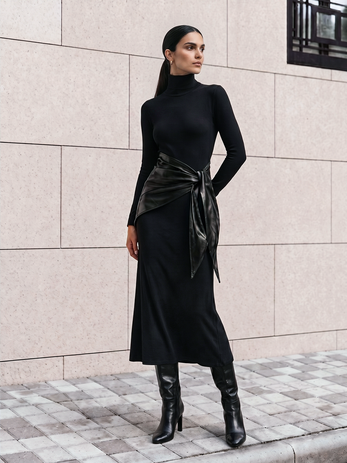 Robe col montant simili cuir ceinturée