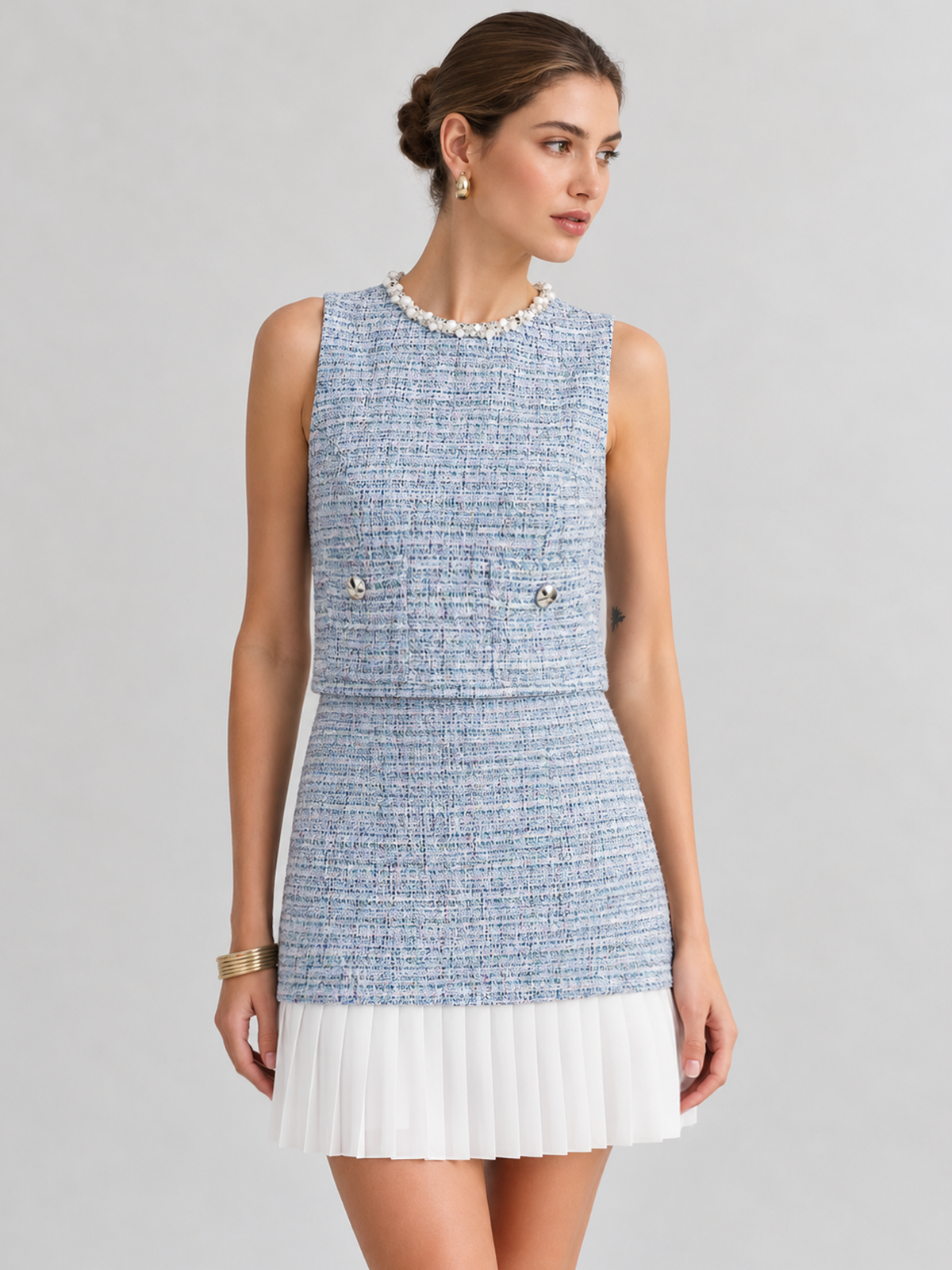 Robe mini tweed ourlet plissé