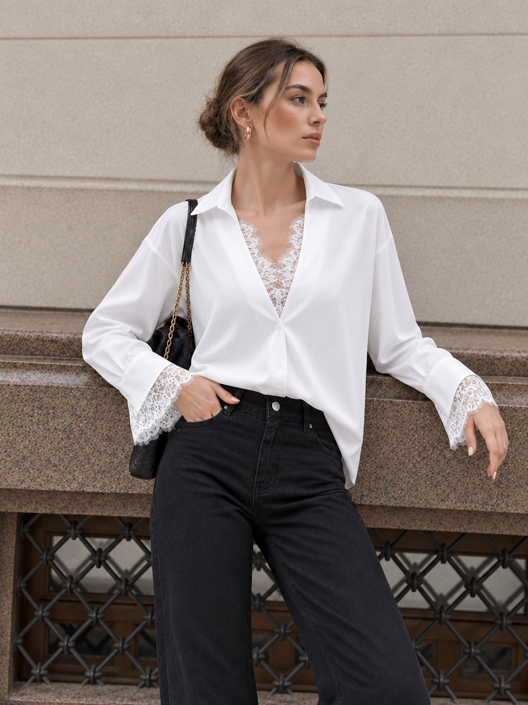 Chemise col V dentelle manches longues