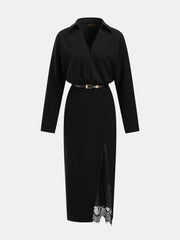 Robe chemise midi ceinturée fendue dentelle