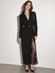 Robe chemise midi ceinturée fendue dentelle