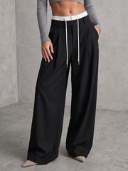 Pantalon ample à cordon contrasté noir, vue portée de face