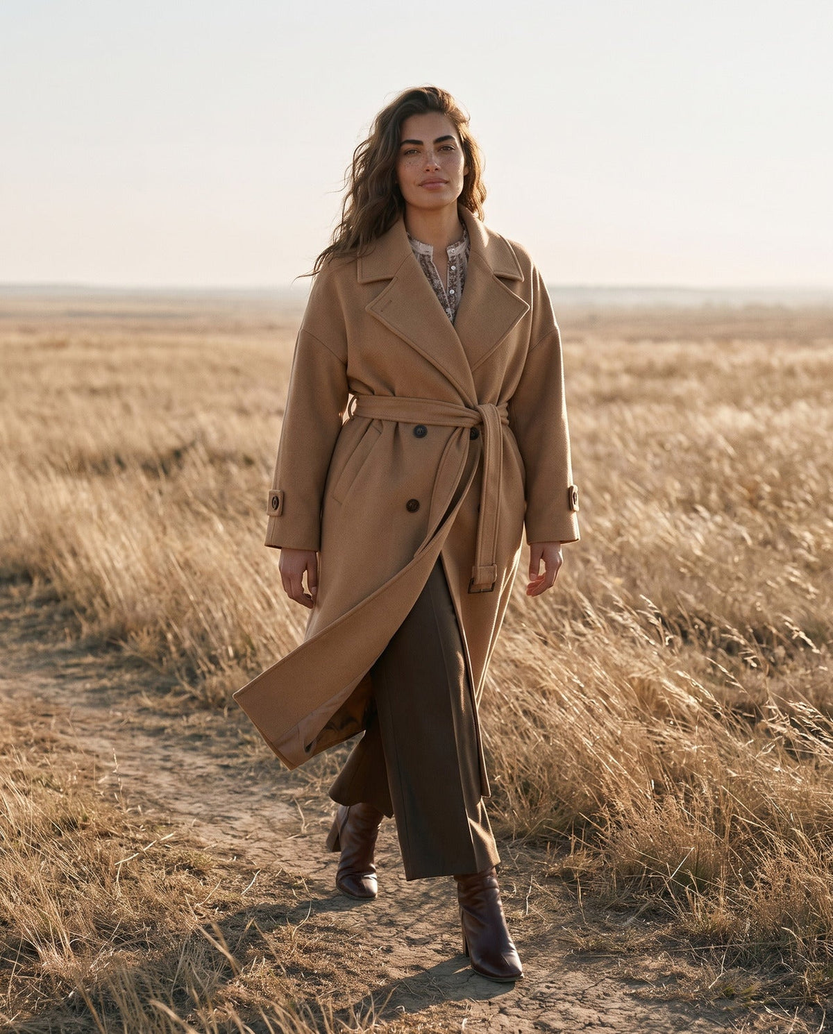 Manteau laine coupe oversize porté par une femme, silhouette entière, herbes hautes, ceinture