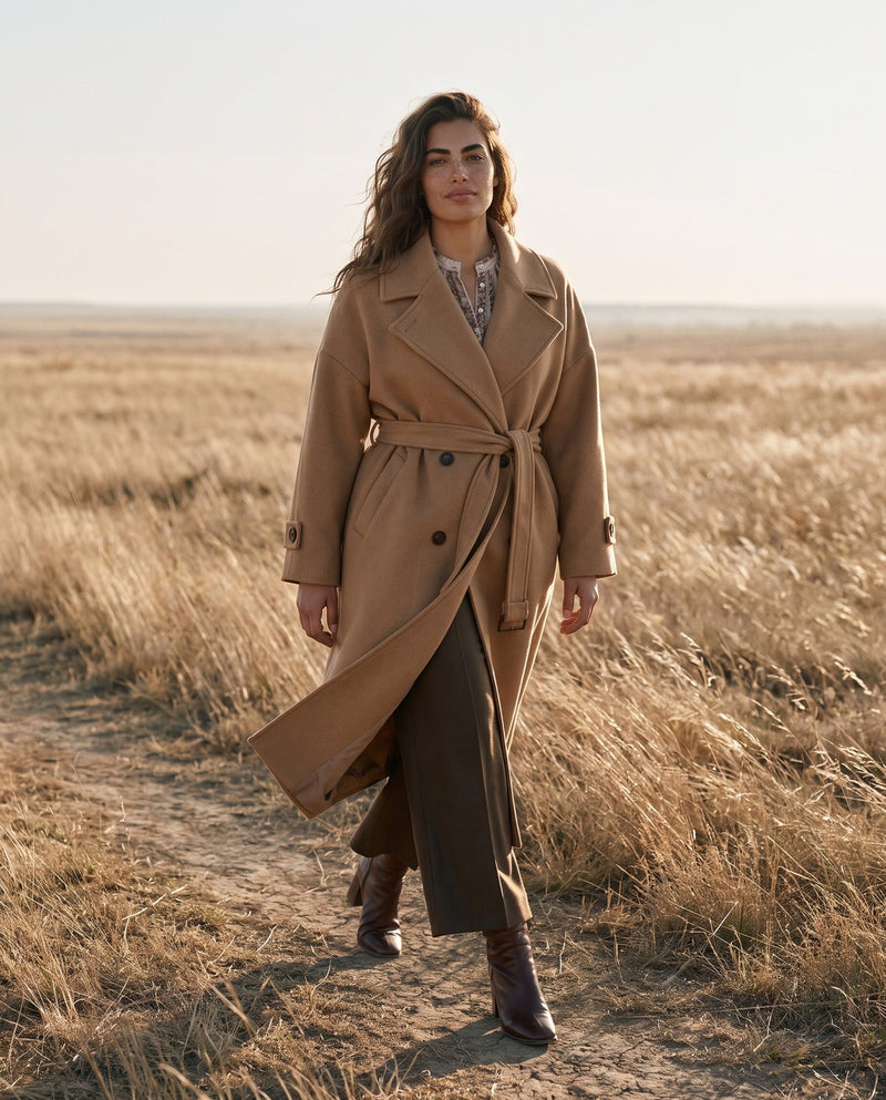 Manteau laine coupe oversize porté par une femme, silhouette entière, herbes hautes, ceinture