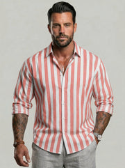 Chemise rayée manches longues corail et blanc — vue portée de face