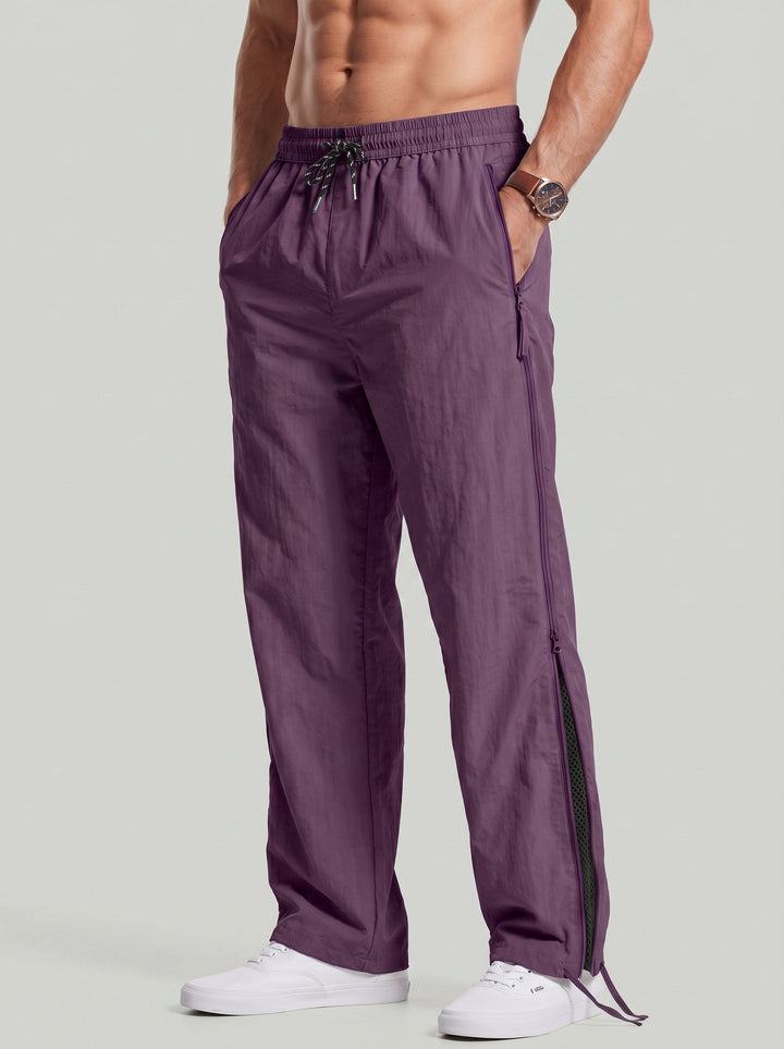 Pantalon ample à zips violet, vue portée de face