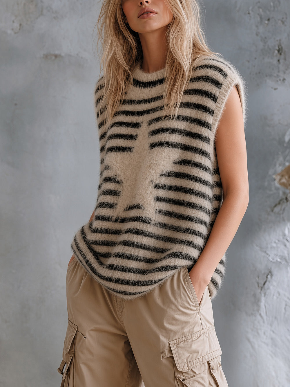 Pull sans manches rayures étoile — vue trois-quarts. Soniel Paris.